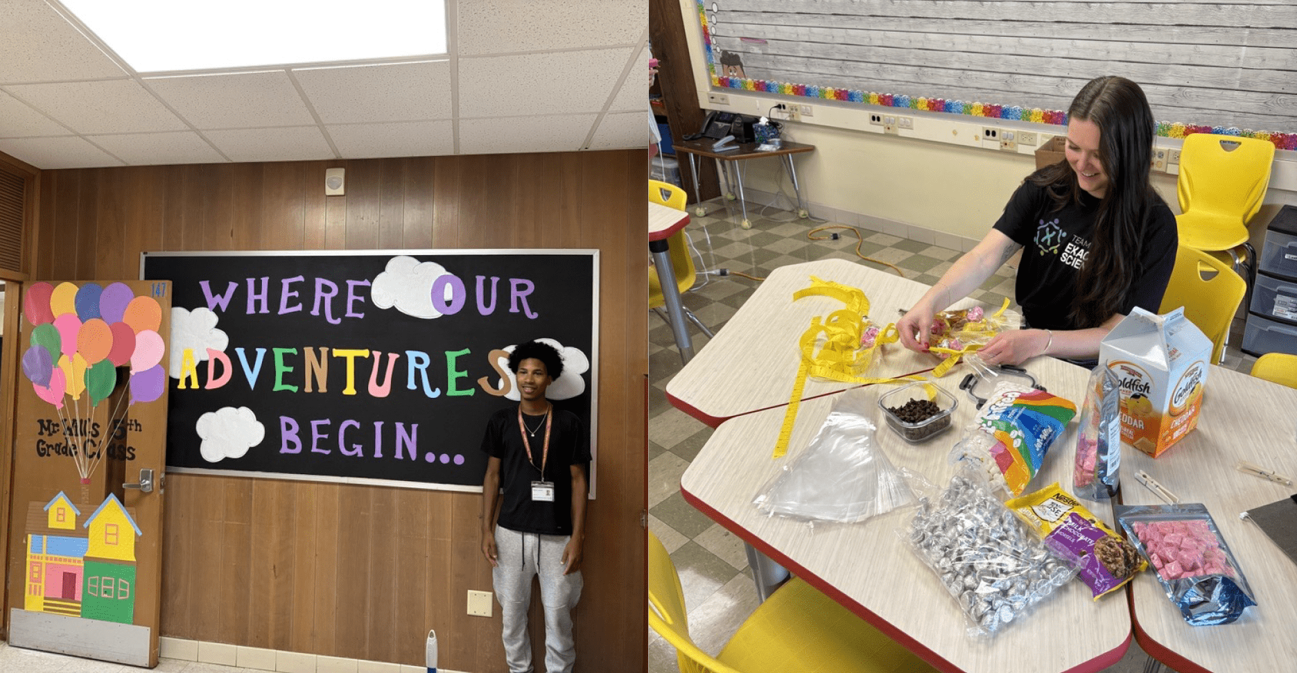 Fifth grade teacher Mr. Will in their classroom at Milele Chikasa Anana Elementary School. Another image of Exact Sciences’ Kielley Lemkuil helping make treats for a classroom at the school.